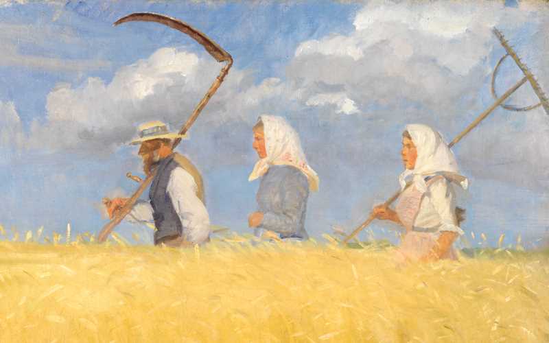 A Skagen painting of a man and two women walking in a yellow harvest field, carrying harvesting equipment.